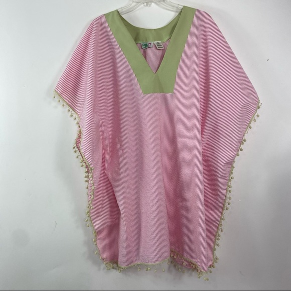 ElleO pink & green seersucker tunic top or beach coverup XS/S - Picture 2 of 8